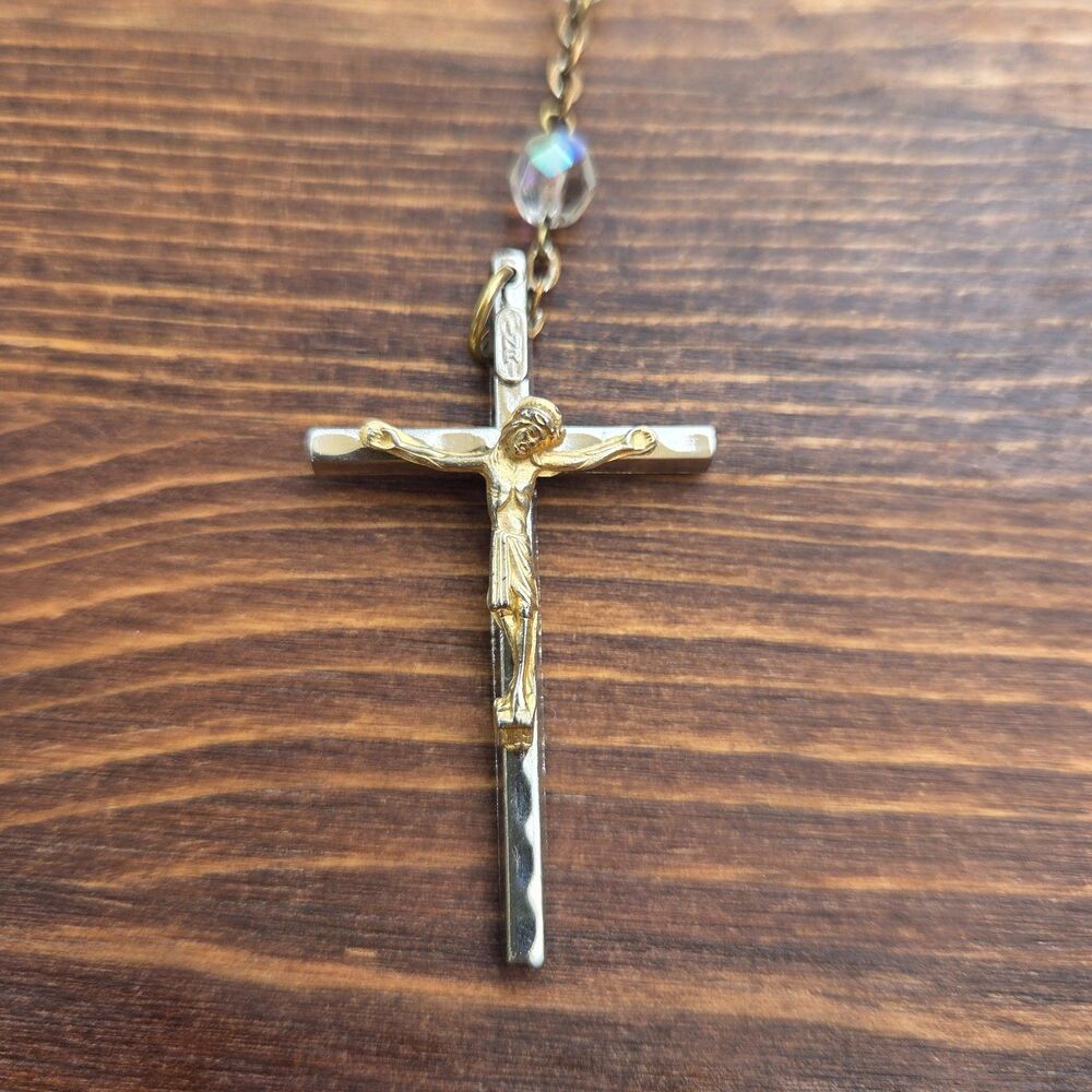 Vintage Italy Rosary Necklace Clear Aurora Beads INRI Crucifix 22 Inch